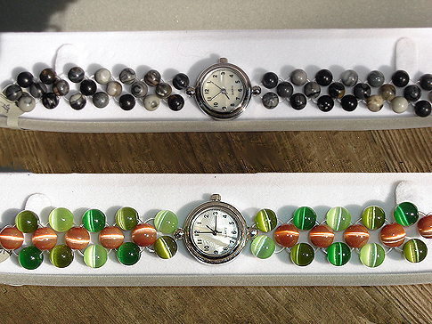 Top: 6mm Silver Leaf Jasper beaded Bracelet Watch  $60.00 Bottom: 8mm olive, light,  plus bright green & copper Cats' Eye beaded Bracelet Watch $60.00 