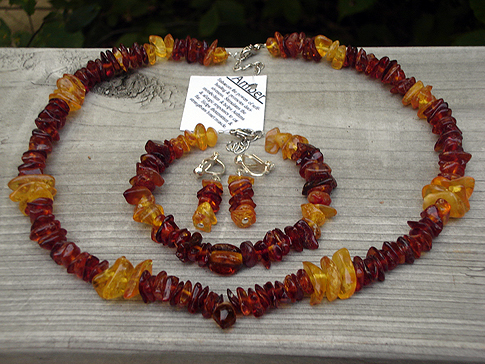 Amber chips in natural & lightly toasted hues. Necklace $48.00  Bracelet $ 30.00 Earrings $18.00